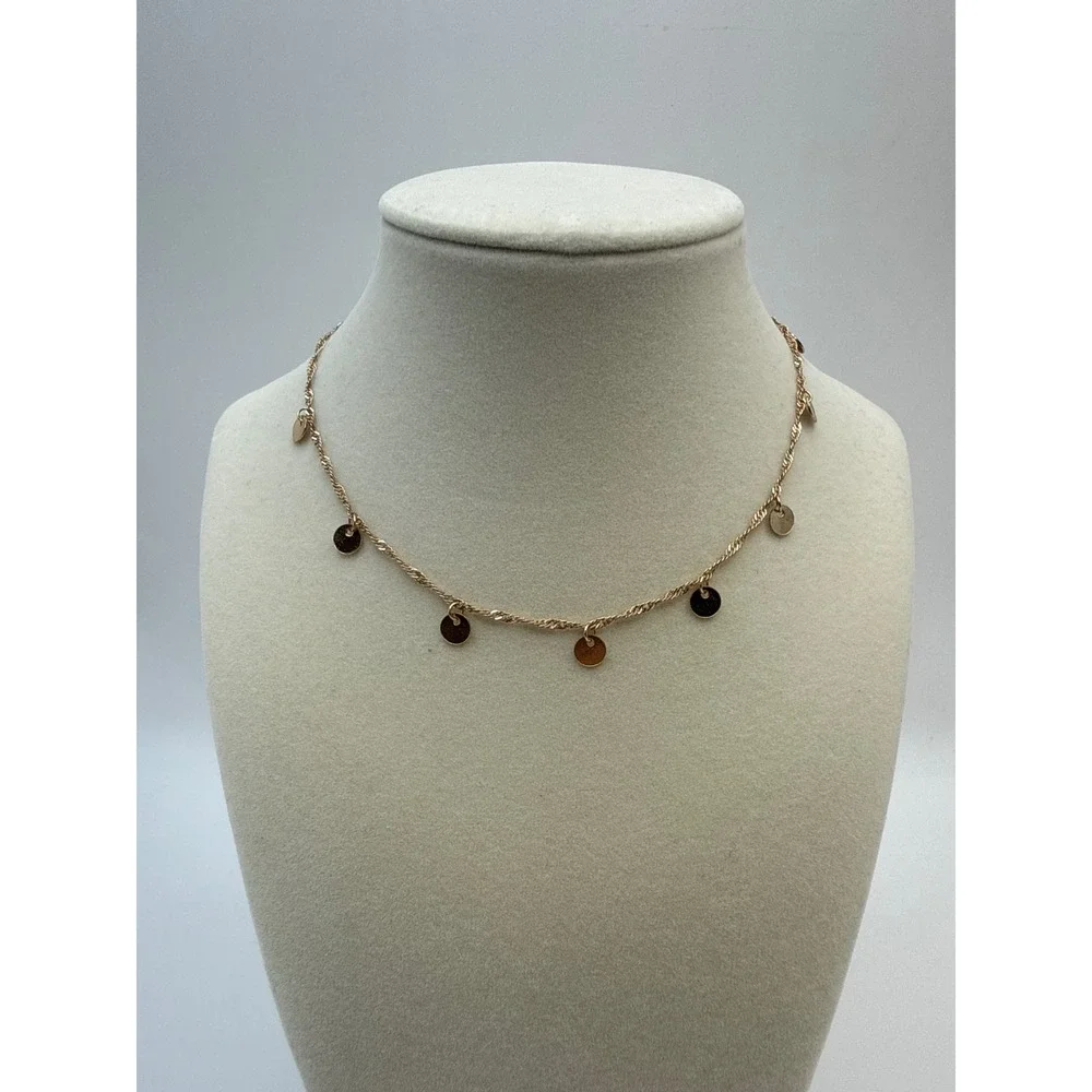 Gold Tone Dainty Disc Charm Twisted Rope Chain Necklace Kids Adjustable 7-9 In